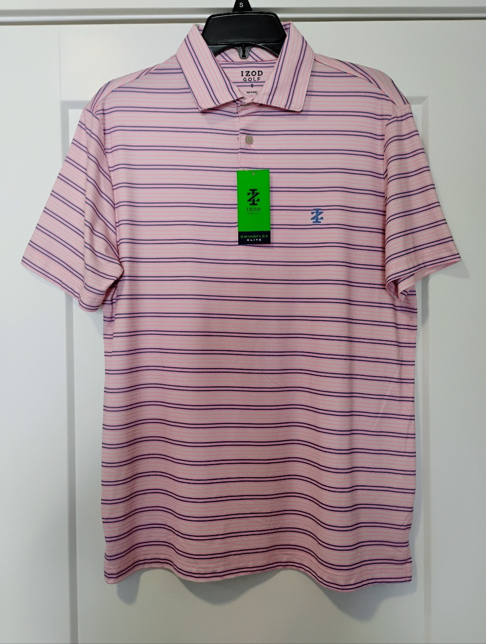 NWT S Izod Golf Swingflex Elite Pink Striped Stretch Polo Shirt UPF 50 NEW